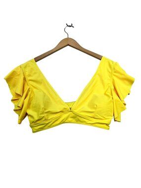 Sporlike Womens Ruffle Sleeves V-Neck Tankini Top Swimwear Size Large Yellow